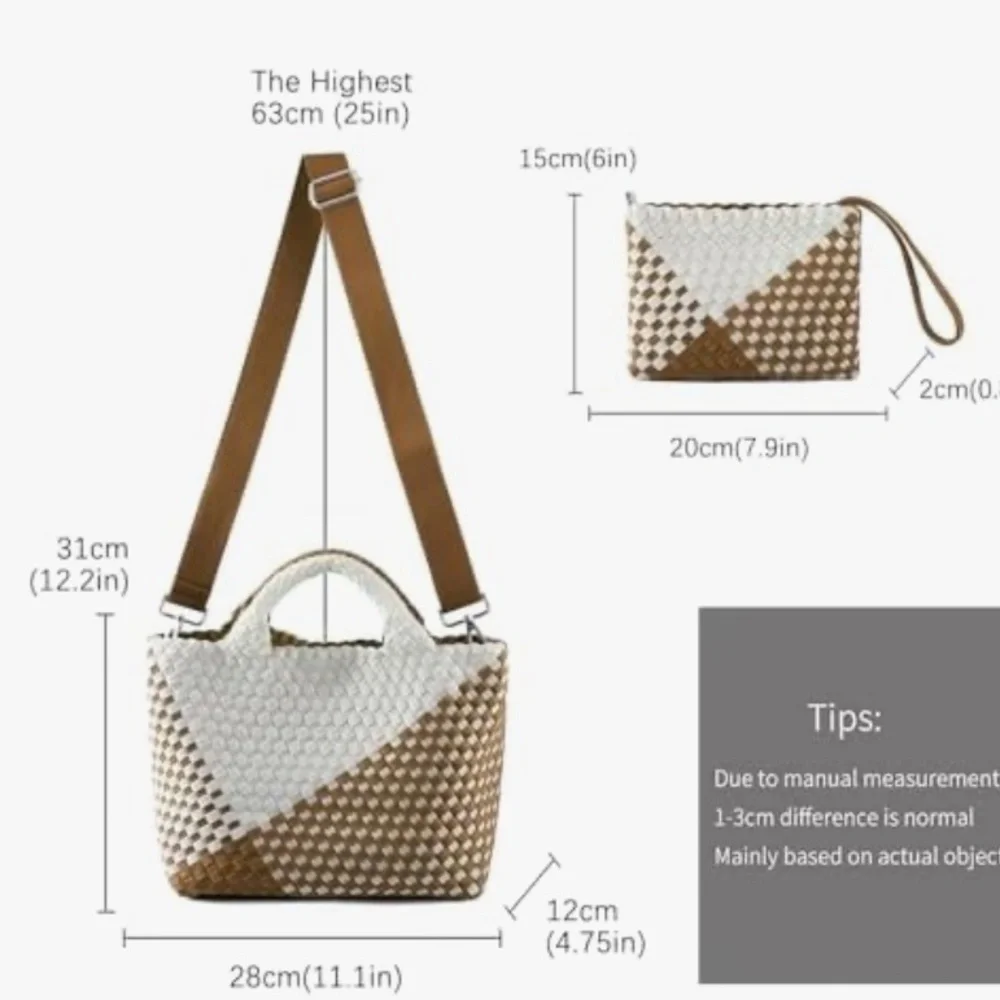 Brown and White Woven Tote Bag Set